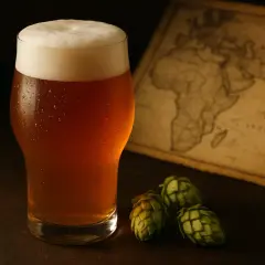 Verre de bière ambrée, houblons et carte ancienne. L'IPA, signification d'une bière aux arômes audacieux.