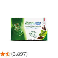 Scatola Natural Sprint, che favorisce il transito intestinale. Immagine di un intestino stilizzato con capsule e ingredienti naturali.