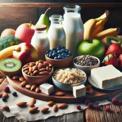 Zdrowe produkty: mleko, owoce, orzechy, nasiona i ser. Idealne składniki na dieta na laktację.