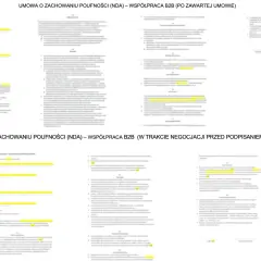 Dwa dokumenty z tekstem, jeden zatytułowany "Umowa o zachowaniu poufności (NDA) – współpraca B2B (po zawartej umowie)", drugi "Umowa o zachowaniu poufności (NDA) – współpraca B2B (w trakcie negocjacji przed podpisaniem umowy)". Widoczny jest wzór umowy...