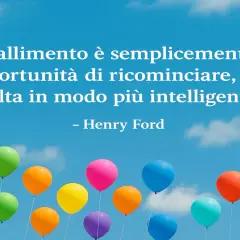 Colorful balloons float against a blue sky with clouds, with a quote by Henry Ford overlaid.