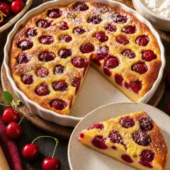 Un délicieux clafoutis aux cerises congelées, saupoudré de sucre glace, avec une part servie sur une assiette.