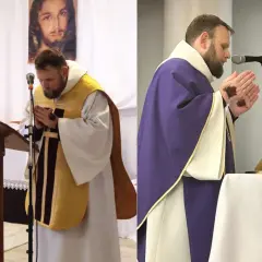 Ksiądz z ranami na dłoniach, co to znaczy suspendowany? W kościele, przed obrazem Jezusa, modli się.