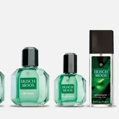Vier Produkte der Serie "Irisch Moos", inspiriert von Chondrus crispus, in grünen Glasflaschen und einem Spray.
