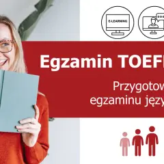 Uśmiechnięta dziewczyna z książką, przygotowująca się do egzaminu TOEFL iBT. Ikony symbolizują e-learning i naukę.