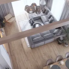 Nowoczesny salon z szarą sofą, drewnianymi belkami i jadalnią, widok z góry.