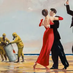 A couple dances on a beach while men in hazmat suits handle a barrel. The singing butler, in a suit and hat, raises an umbrella.