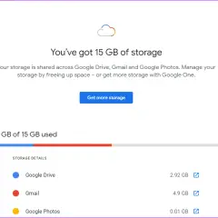 Google Photos storage is shared with Google Drive and Gmail, using 0.01 GB of your 15 GB total.