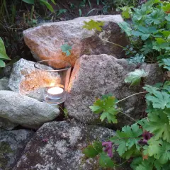Ein Teelicht in einem Glas leuchtet zwischen Steinen und grünen Pflanzen. Ein Symbol für Hoffnung und einen bibelvers mut.