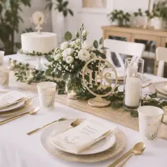Elegancko nakryty stół na komunię świętą. Biały tort, bukiet kwiatów, świece i złote sztućce tworzą uroczystą atmosferę.