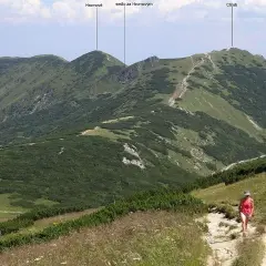 Widok na góry z turystką na szlaku. W oddali widać szczyt Chleb, Hromové i sedlo za Hromovým.