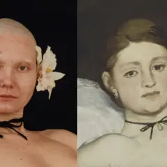 Katarzyna Kozyra w "Olimpii" odtwarza słynny obraz Maneta, ukazując kobiece ciało z bliznami i kwiatem we włosach.