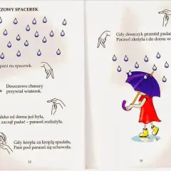 Zabawy paluszkowe przedszkole: deszczowy spacer. Dziecko z parasolem pod deszczem, a potem wraca do domu.