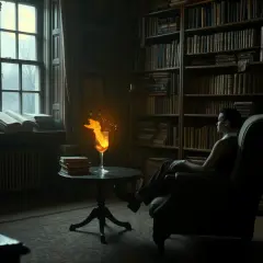 Mężczyzna w fotelu w bibliotece, obok płonący kieliszek. Sen o chorobie ojca, niepokój.