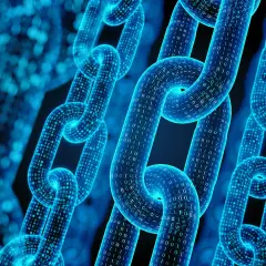 Cyfrowe ogniwa łańcucha danych, symbolizujące blockchain w logistyce, łączą się, tworząc bezpieczną sieć.
