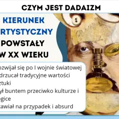 Dadaizm co to? Kierunek artystyczny XX wieku, bunt przeciw logice, stawiał na przypadek i absurd. Obraz przedstawia surrealistyczną twarz z elementami kolażu.