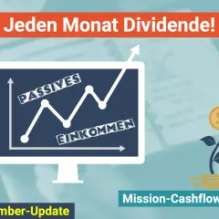 Jeden Monat Dividende! Grafik zeigt steigendes passives Einkommen. Ein Dollar-Symbol wächst wie eine Pflanze. Mission-Cashflow.de.