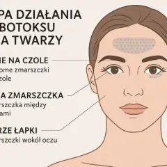 Mapa działania botoksu na twarzy: miejsca wstrzyknięć na czoło, lwia zmarszczka i kurze łapki.