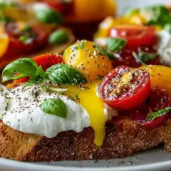 Köstliche Crostini Variationen mit Burrata, Kirschtomaten und frischem Basilikum, bestreut mit Pfeffer und Kräutern.