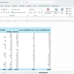 Tabella pivot Excel con dati di vendita, mostra riepiloghi per sesso e incasso, con "sql server pivot" come concetto chiave.