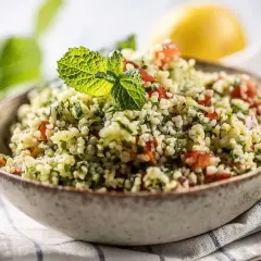 En skål med tabbouleh, en fräsch sallad där man kan koka bulgur med tomat, persilja och mynta. En citron syns i bakgrunden.