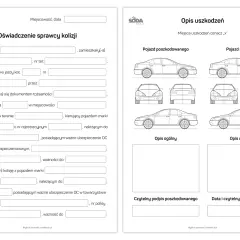 Formularz oświadczenia sprawcy kolizji drogowej, z miejscem na opis uszkodzeń pojazdów i danymi uczestników zdarzenia.