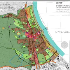 Plan zagospodarowania terenu dla Sopotu i okolic, uwzględniający kierunki rozwoju przestrzennego, z zaznaczonymi terenami zielonymi, zabudową i infrastrukturą.
