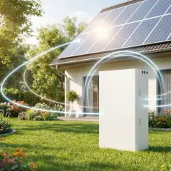 Biały magazyn energii stoi na trawniku przed domem z panelami słonecznymi na dachu.