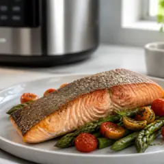 Un délicieux saumon au air fryer, servi avec des asperges et des tomates cerises. Un repas sain et savoureux.