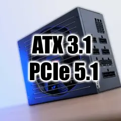 Alimentation PC noire avec texte "ATX 3.1 PCIe 5.1" superposé.