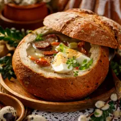 Tradycyjny żurek wielkanocny z białą kiełbasą i jajkiem, podany w chlebie. W tle widać pisanki i zajączki.