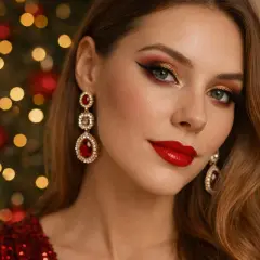 Un trucco natalizio semplice con occhi dorati e rossi, labbra rosse brillanti e orecchini pendenti.