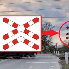 Ostrzeżenie przed przejazdem kolejowym: krzyż św. Andrzeja z dodatkowymi belkami i znakiem STOP.