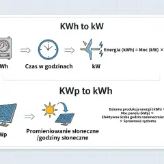 Wykres wyjaśnia zależności między jednostkami mocy: kWh do kW (energia = moc × czas) i kWp do kWh (produkcja energii zależy od mocy panelu, nasłonecznienia i sprawności).