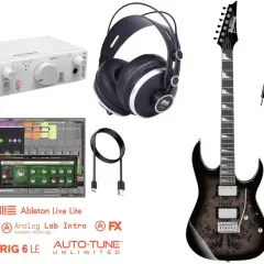 Gitara elektryczna, słuchawki, interfejs audio, kable i oprogramowanie muzyczne.