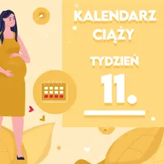 Kobieta w żółtej sukience, w 11 tygodniu ciąży, trzyma dłoń na brzuchu. Obok kalendarz i napis "Kaledarz ciąży tydzień 11".
