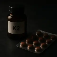 Flacon étiqueté K2 et plaquette de comprimés bruns, rappelant l'importance de la vitamine K2 dans notre alimentation.