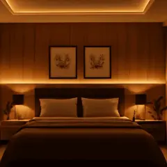 Habitación acogedora con luz cálida, ideal para saber qué color de luz es mejor para dormir.