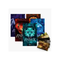 Die Animox Reihenfolge: Fünf Buchcover mit Tieren wie Wolf, Hai und Schlange, plus einige Postkarten mit Fantasy-Motiven.