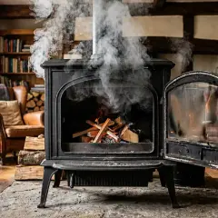 Une cheminée ouverte qui fume, avec du bois qui crépite à l'intérieur. Des fauteuils en cuir et une bibliothèque complètent ce décor chaleureux.