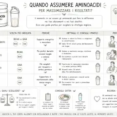 Guida su quando assumere aminoacidi o proteine per massimizzare i risultati. Scegli BCAA o EAA in base al momento e ai tuoi obiettivi.