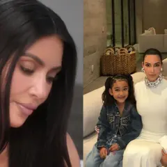 Kim Kardashian z dziećmi, córką North i synem Saintem, siedzą na kanapie w nowoczesnym wnętrzu.