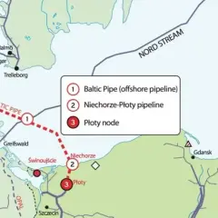 Mapa przedstawia przebieg gazociągu Baltic Pipe, łączącego Norwegię z Polską przez Danię i Morze Bałtyckie.