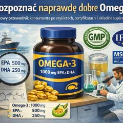 Przewodnik po dobrych kwasach omega-3: lupa pokazuje EPA 500 mg, DHA 250 mg. W tle statek rybacki i laboratorium.