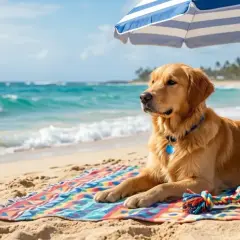 Złoty retriever odpoczywa na plaży pod parasolem, gotowy na tui wakacje z psem. Obok leży apteczka, piłka i zabawka.