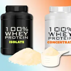 Deux pots de whey protéine, isolate et concentrate, avec de la poudre. Idéal pour savoir quand prendre de la whey.