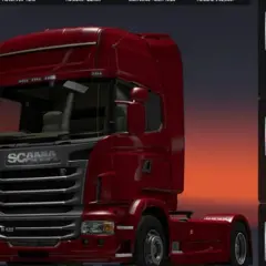 Czerwona Scania R420 w grze, ekran z informacjami o kierowcy i firmie. Sprawdź ets2 wymagania, by cieszyć się jazdą!