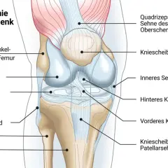 Anatomische Darstellung des Kniegelenks mit Knochen, Bändern und Muskeln. Ein steifes Knie kann viele Ursachen haben, wie hier abgebildet.
