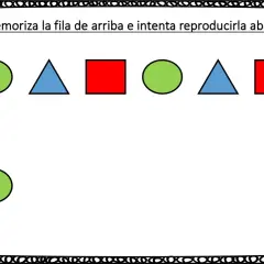 Fila de figuras geométricas: círculo verde, triángulo azul, cuadrado rojo, círculo verde, triángulo azul, cuadrado rojo. Abajo, un círculo verde.