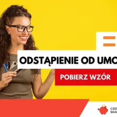 Uśmiechnięta kobieta z kartami, tekst "Odstąpienie od umowy Netcredit". Pobierz wzór.